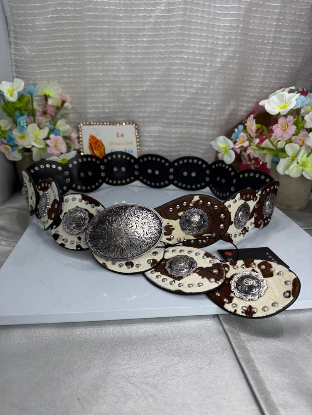 (H) Zara cow-print leather belt, size 32(1)-34(1) (shell style) New without tags - Picture 4 of 13